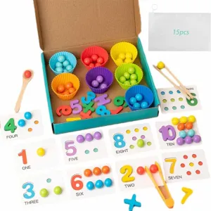 Montessori Arithmetic Math Toy Set - Beads, Chopsticks & Spoons, Number Building Blocks Toys, Wooden Math Learning Board, Silicone Sensory Toys, Birthday Gifts for Counting Learning