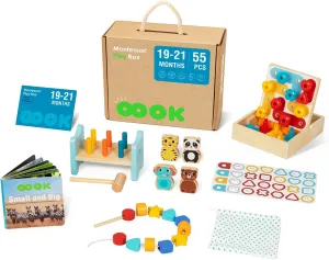 Montessori Educational Toys for 18   Months, 6 in 1 Learning Toys Set for Toddlers Wooden Toy Present (Pattern Pegs, Pound Bench, Lacing Beads, Magnetic Animal Puzzle, Picture Book)