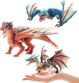 Mostop Dragon Toy Figures, 9’’ Realistic Battle Dragon Toys, 3 PCS Ancient Flying Dragon Figurines Plastic Fire Creature Dragon Models Decoration,Dragon Action Figure Kids Toys for Boys Girls Age 3 