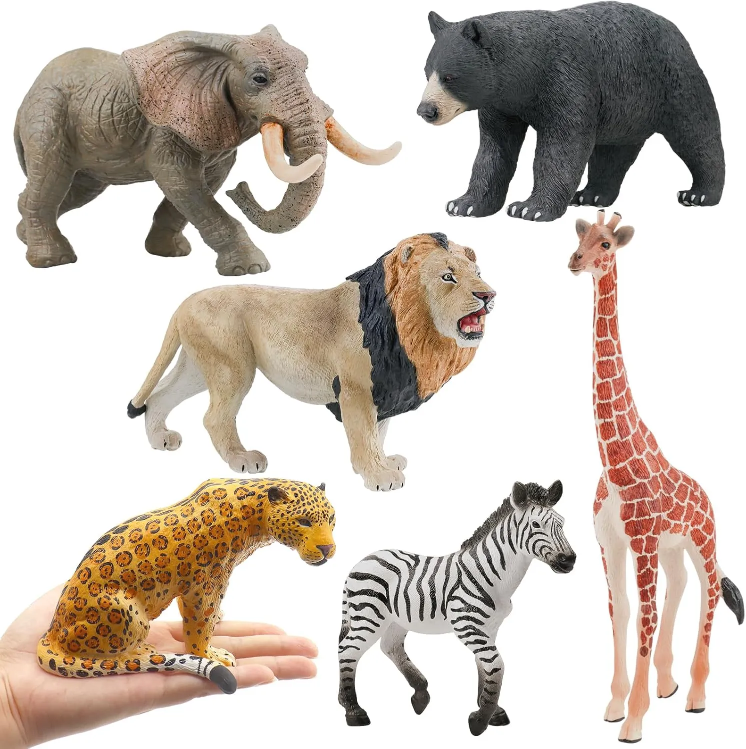 Mostop Large Safari Animal Figurines, 6 Pieces Plastic Animal Figurines Set with Lion, Elephant, Giraffe, Zebra, Leopard and Bear, Jumbo Wild Zoo Animals Figures Party Favor Birthday Gift Toy for Kids