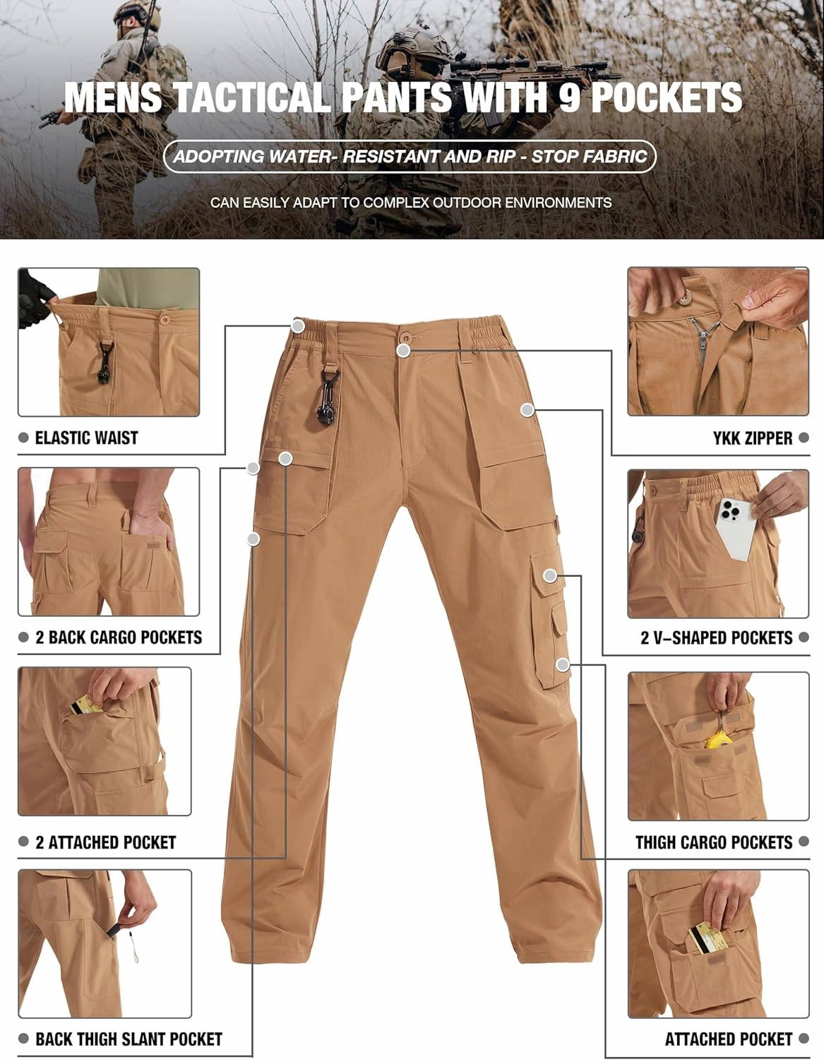 MOURCE Tactical Pants for Men Ripstop - Water Resistant Mens Work Pants Lightweight Quick Dry with 9 Pockets
