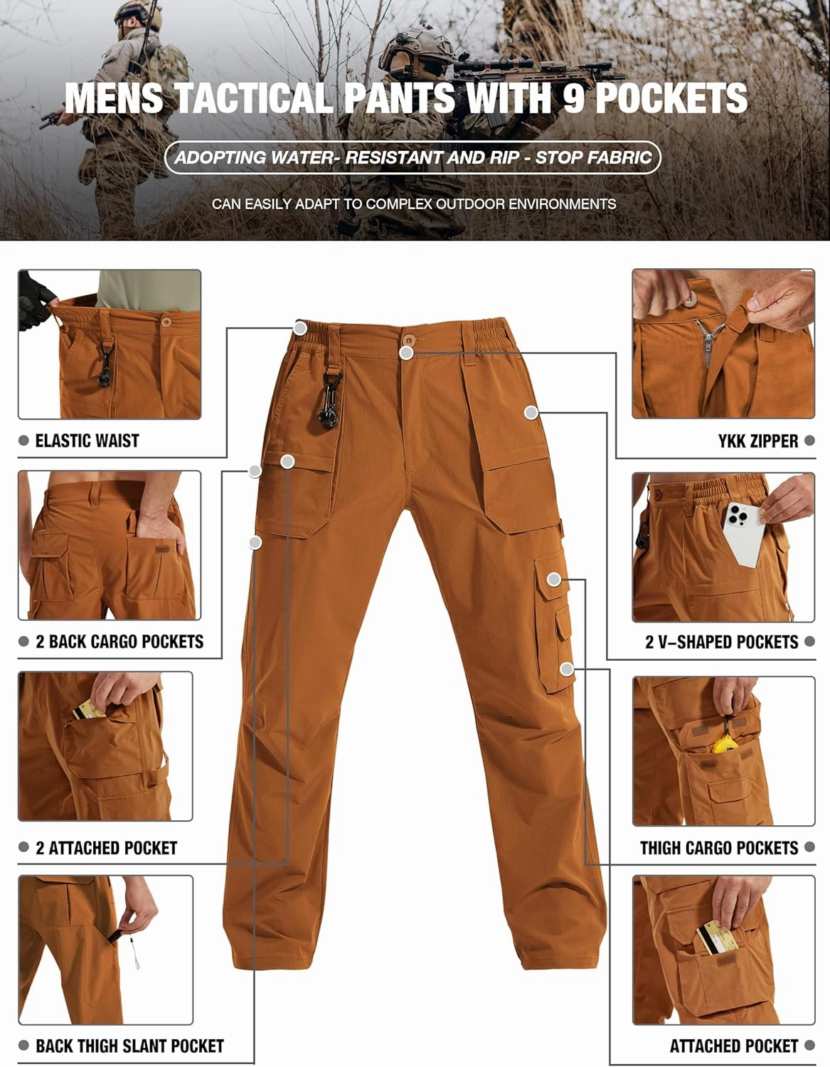 MOURCE Tactical Pants for Men Ripstop - Water Resistant Mens Work Pants Lightweight Quick Dry with 9 Pockets
