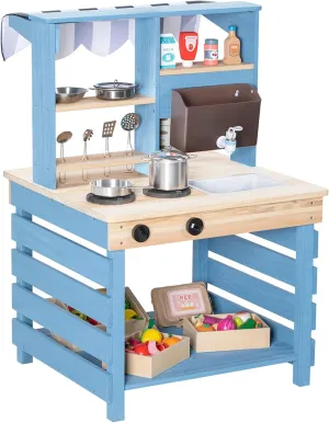 Mud Kitchen, Wooden Outdoor Kitchen Playset w/Menu, Sink, Stove, Water Box, Two Sided Pretend Play Kitchen for Kids, Cooking Toys, Backyard Table, Gift for Boys Girls Age 3 
