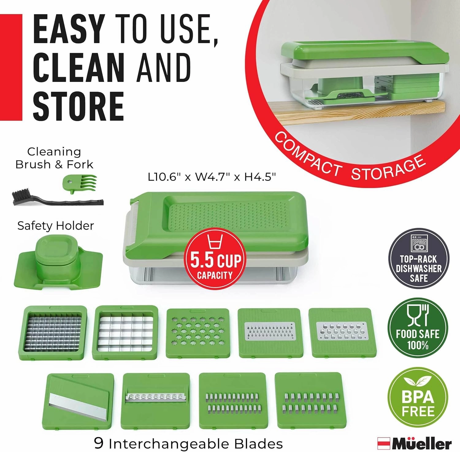 Mueller Vegetable Chopper 9 Blade, Mandoline Slicer, Food Veggie Chopper, Cheese Grater, Onion Vegetable Cutter with Container, Dicer, Kitchen Gadgets & Essentials, White Sand/Green