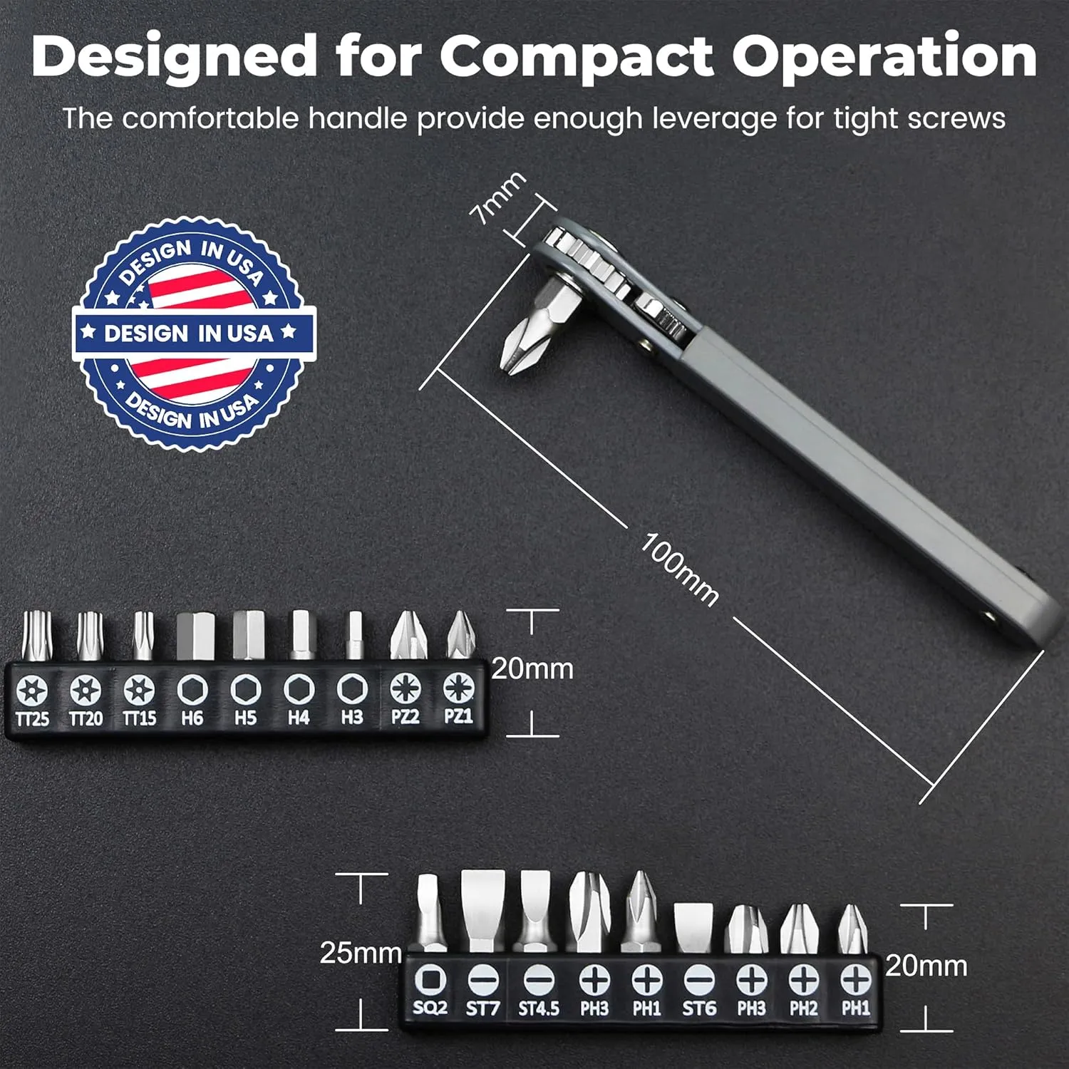 MULWARK 20pc 1/4 Ultra Low Profile Mini Ratchet Wrench Close Quarters Screwdriver Set with High Torque - Right Angle EDC Tool with 90 Degree Mini Offset Reversible Drive Handle & Multi Hex Bits Set