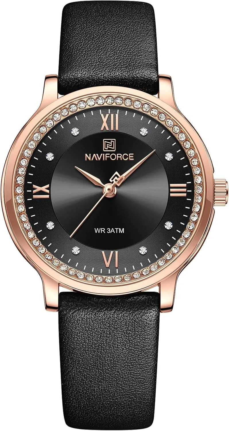 NAVIFORCE Watches for Women Japanese Quartz Fashion Waterproof Womens Watch Crystal Dial Leather Strap Adjustable Bracelet Wrist Watch NF5036 (Black)