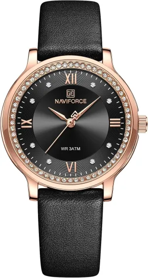 NAVIFORCE Watches for Women Japanese Quartz Fashion Waterproof Womens Watch Crystal Dial Leather Strap Adjustable Bracelet Wrist Watch NF5036 (Black)