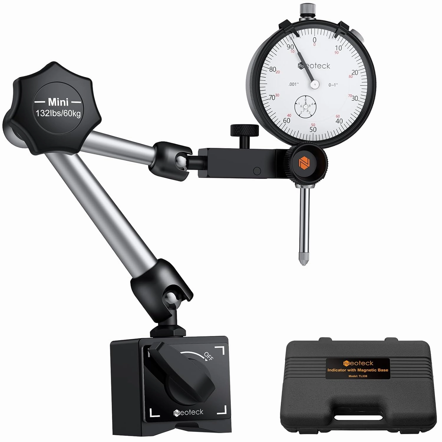 Neoteck Dial Indicator 0-1in/0.001in with 132lbs/60kg Magnetic Base,Imperial Dial Test Indicator Gauge Set with Storage Case for Lathe,3D Printer,CNC,Automobile,Laboratory