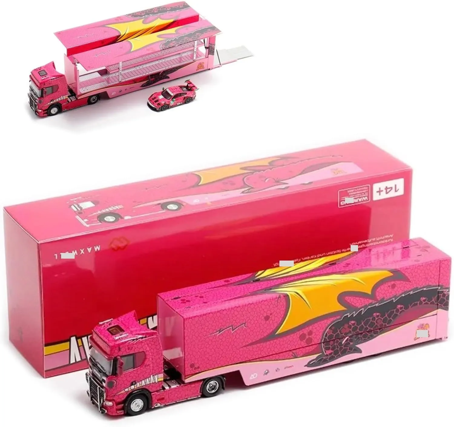 New 1/64 S73 Pink T-Rex Alloy Racing Car for Kengfai Scania Simulation Model Car Diecast Double Deck Two Container Transport Truck Gift