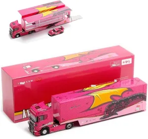 New 1/64 S73 Pink T-Rex Alloy Racing Car for Kengfai Scania Simulation Model Car Diecast Double Deck Two Container Transport Truck Gift