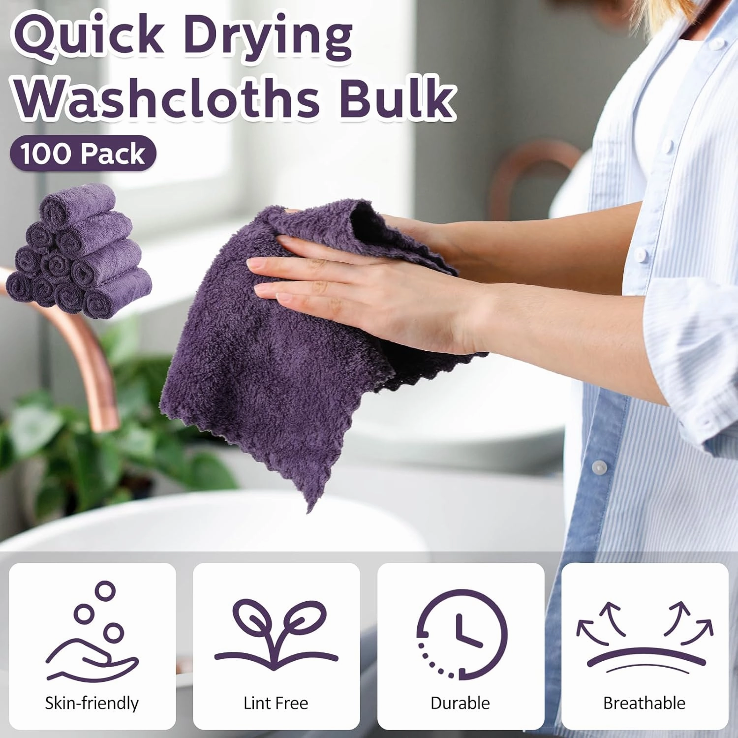 Newwiee 100 Pcs Washcloths Bulk Quick Drying Bathroom Wash Clothes 12 x 12 Inch Face Towels Microfiber Soft Hand Towel for Your Body Spa Fingertip(Dark Purple)