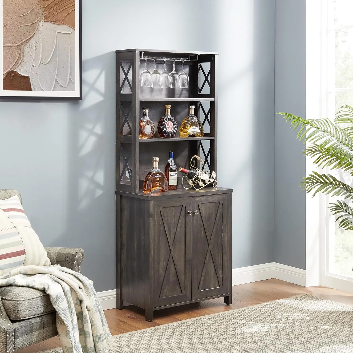 NicBex Modern Pantry Cabinet Coffee Bar Cabinet Kitchen Cabinet with Microwave Stand Metal Frame Side Home Source Bar Cabinet Cabinet and Hollow Out Barn Design Wood Cabinet, Charcoal Gray