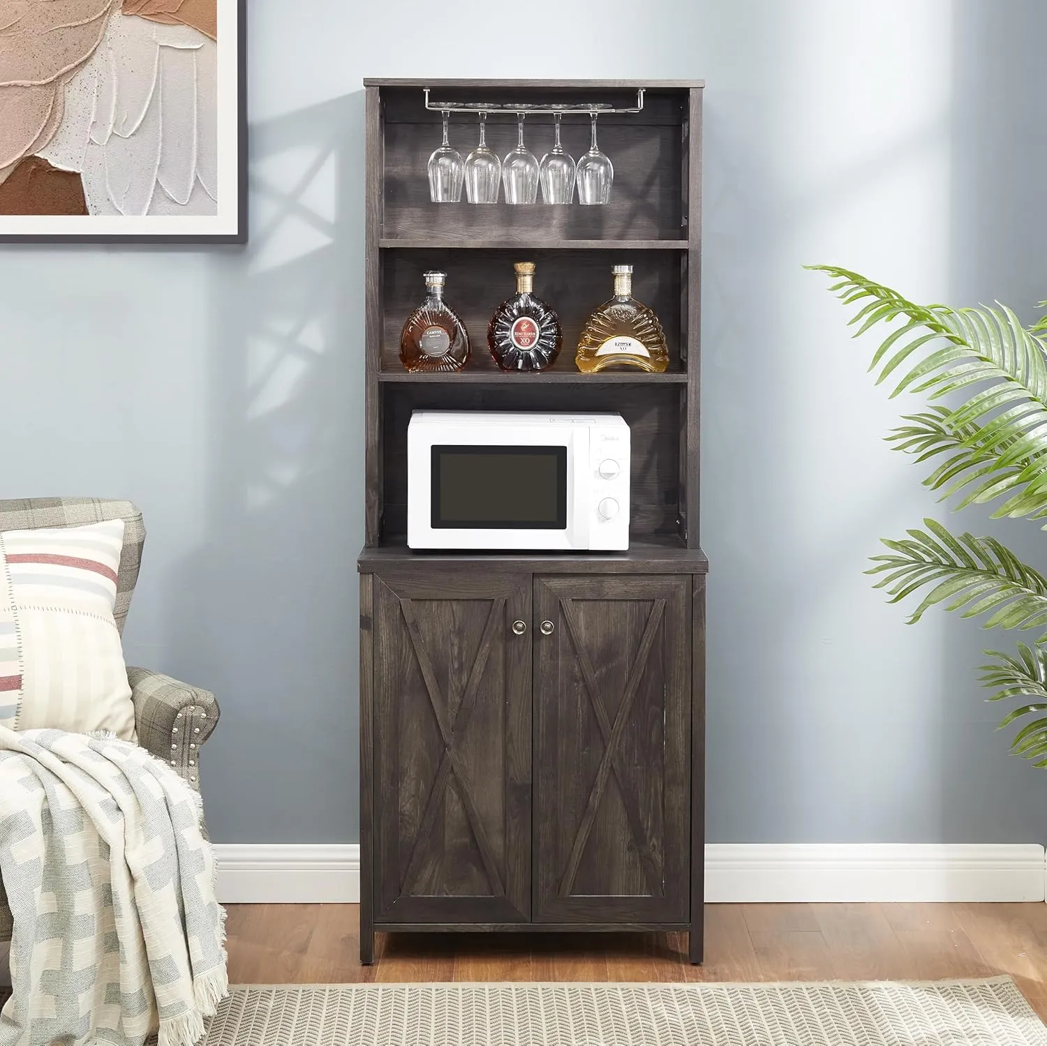 NicBex Modern Pantry Cabinet Coffee Bar Cabinet Kitchen Cabinet with Microwave Stand Metal Frame Side Home Source Bar Cabinet Cabinet and Hollow Out Barn Design Wood Cabinet, Charcoal Gray