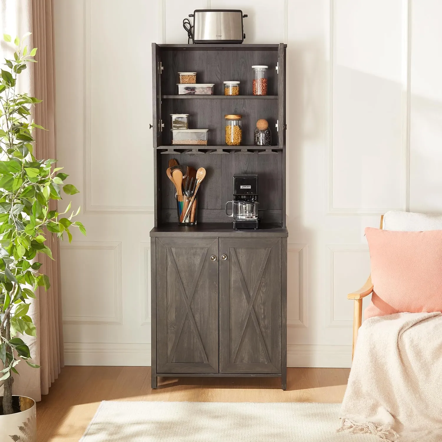 NicBex Modern Pantry Cabinet Coffee Bar Cabinet Kitchen Cabinet with Microwave Stand Metal Frame Side Home Source Bar Cabinet Cabinet and Hollow Out Barn Design Wood Cabinet, Charcoal Gray