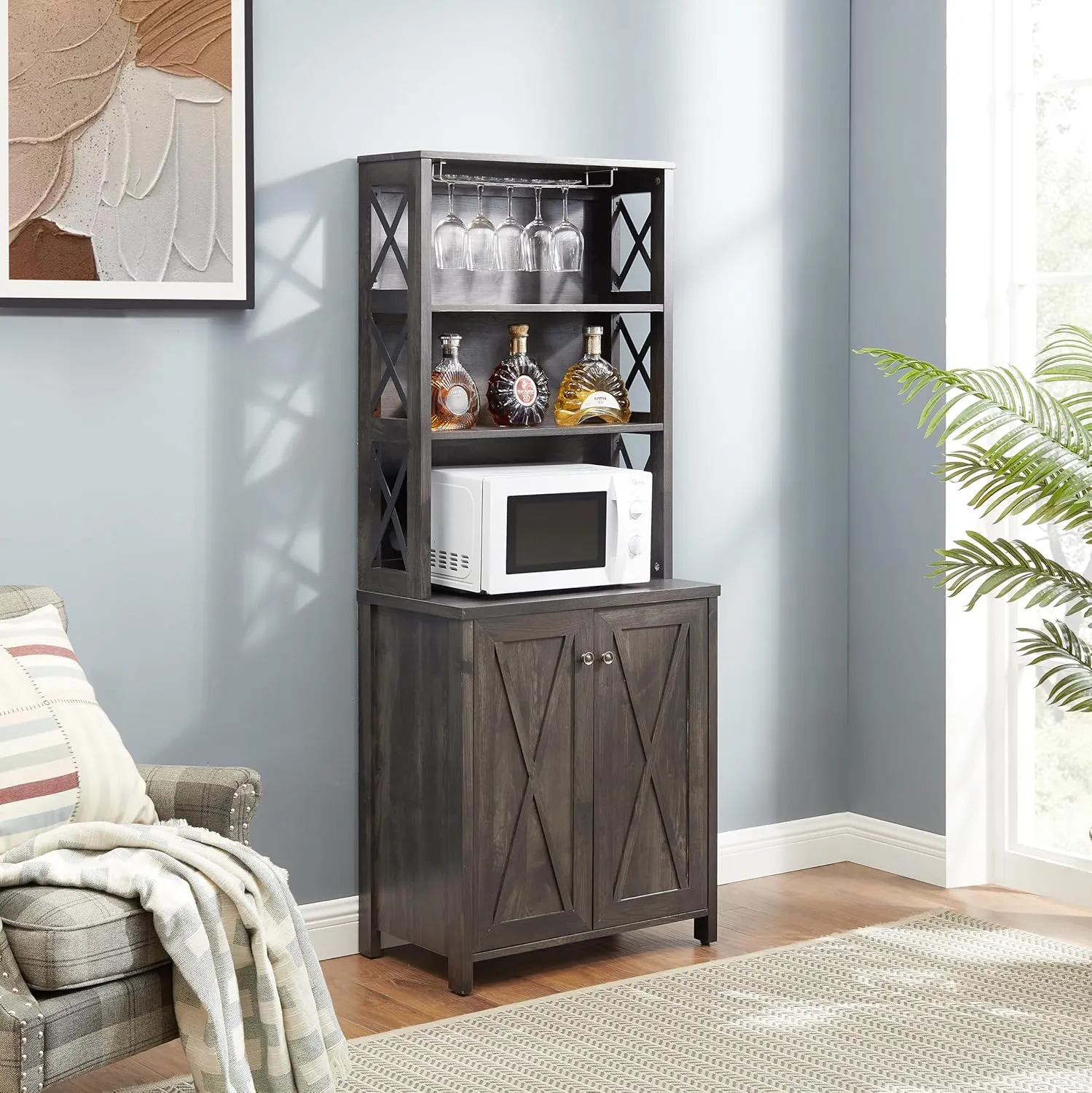 NicBex Modern Pantry Cabinet Coffee Bar Cabinet Kitchen Cabinet with Microwave Stand Metal Frame Side Home Source Bar Cabinet Cabinet and Hollow Out Barn Design Wood Cabinet, Charcoal Gray