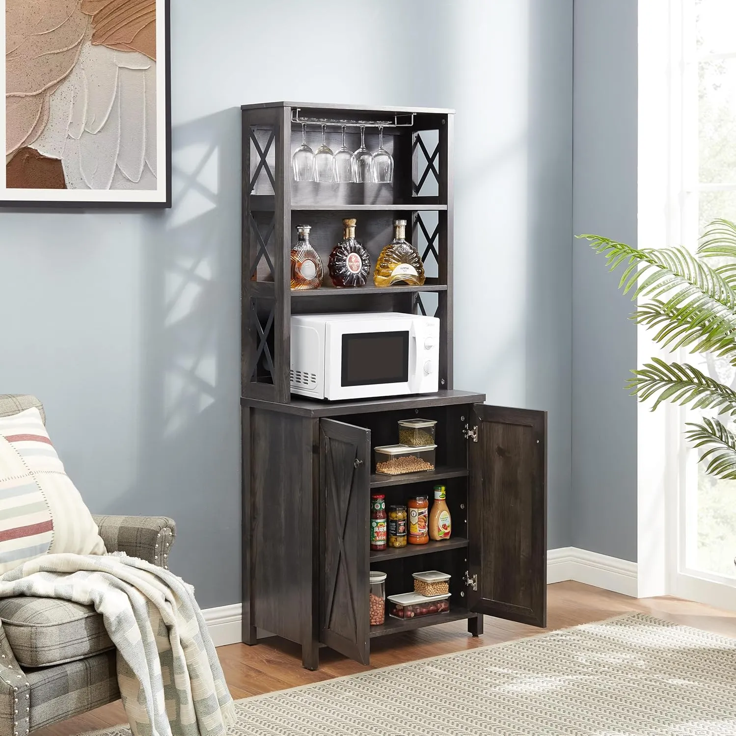 NicBex Modern Pantry Cabinet Coffee Bar Cabinet Kitchen Cabinet with Microwave Stand Metal Frame Side Home Source Bar Cabinet Cabinet and Hollow Out Barn Design Wood Cabinet, Charcoal Gray