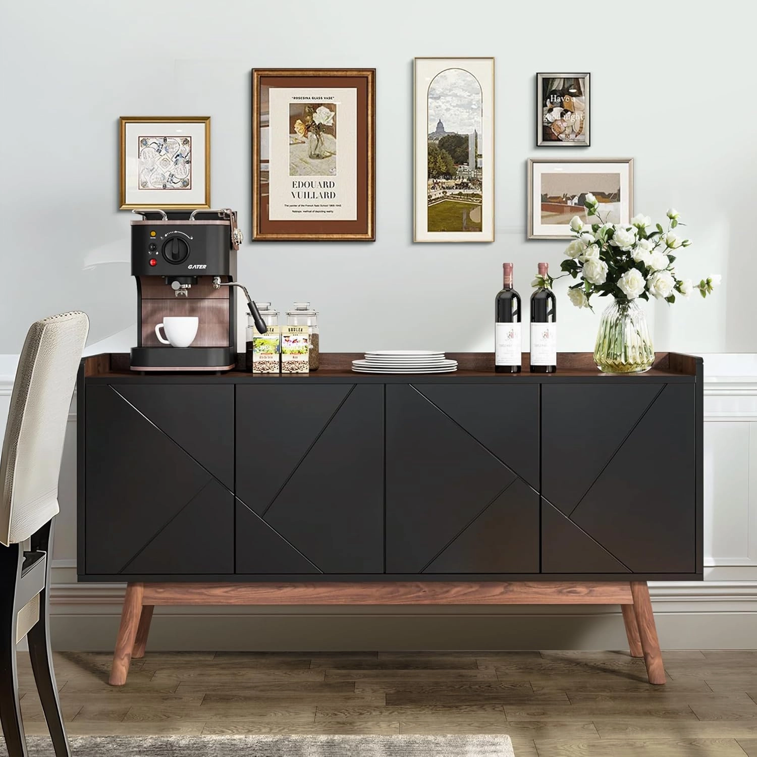 NicBex Modern Sideboard Buffet Cabinet with Storage Kitchen Storage Cabinet with Doors and Shelves Console Table for Living Room,Kitchen, 55.11”W x 55.11”D x 31.49”H, Black Brown