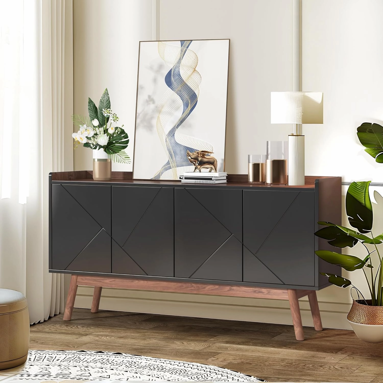NicBex Modern Sideboard Buffet Cabinet with Storage Kitchen Storage Cabinet with Doors and Shelves Console Table for Living Room,Kitchen, 55.11”W x 55.11”D x 31.49”H, Black Brown