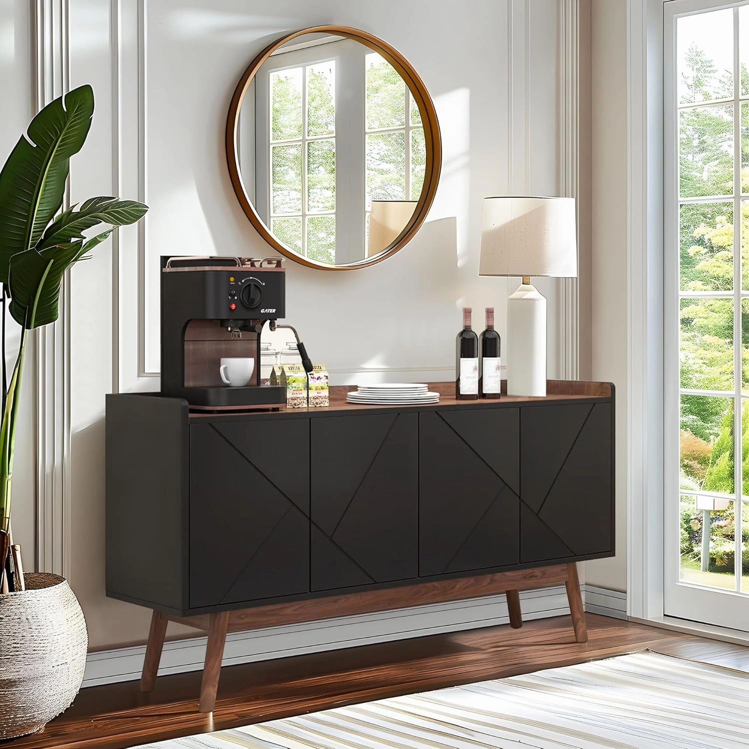 NicBex Modern Sideboard Buffet Cabinet with Storage Kitchen Storage Cabinet with Doors and Shelves Console Table for Living Room,Kitchen, 55.11”W x 55.11”D x 31.49”H, Black Brown