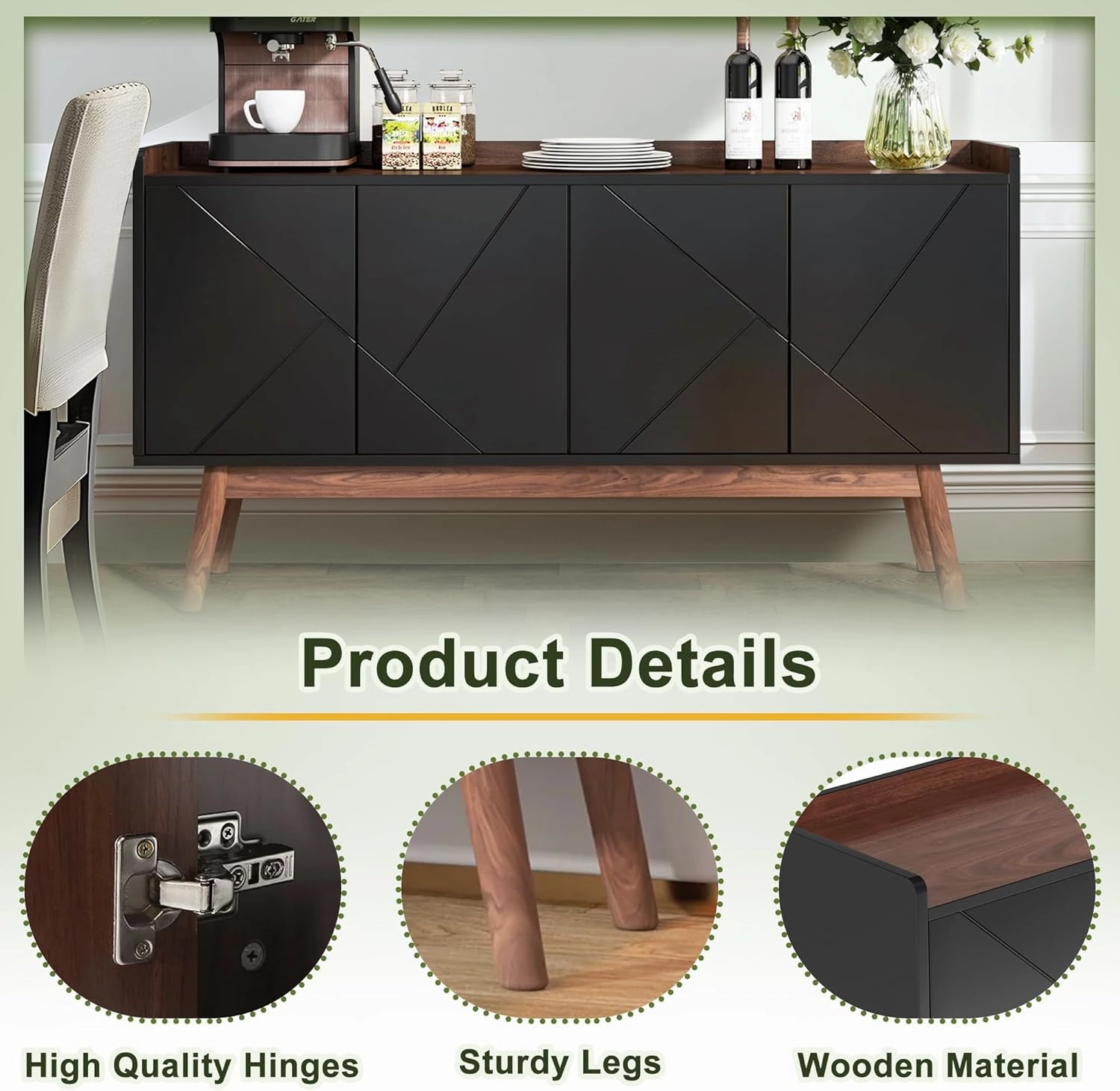 NicBex Modern Sideboard Buffet Cabinet with Storage Kitchen Storage Cabinet with Doors and Shelves Console Table for Living Room,Kitchen, 55.11”W x 55.11”D x 31.49”H, Black Brown