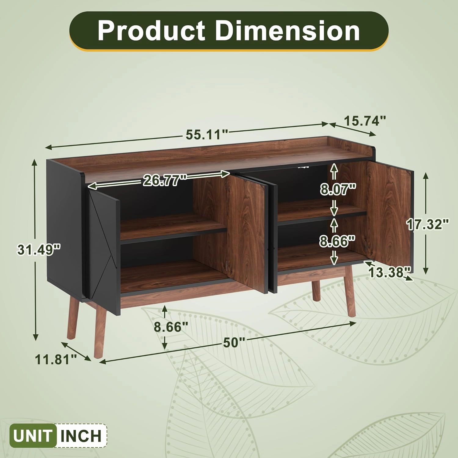 NicBex Modern Sideboard Buffet Cabinet with Storage Kitchen Storage Cabinet with Doors and Shelves Console Table for Living Room,Kitchen, 55.11”W x 55.11”D x 31.49”H, Black Brown