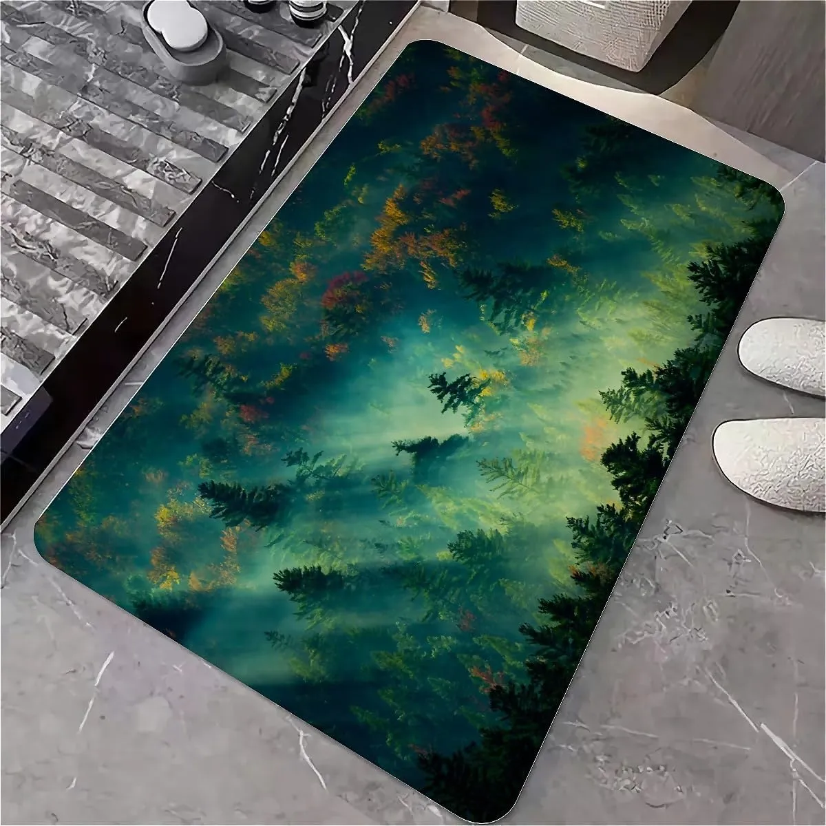 Non-Slip Diatomite Bath Mat, Fast Drying Super Absorbent Floor Mat with Mountain Design for Bathroom & Kitchen(Misty Forest Morning,17x27.5Inch (43 * 70cm))