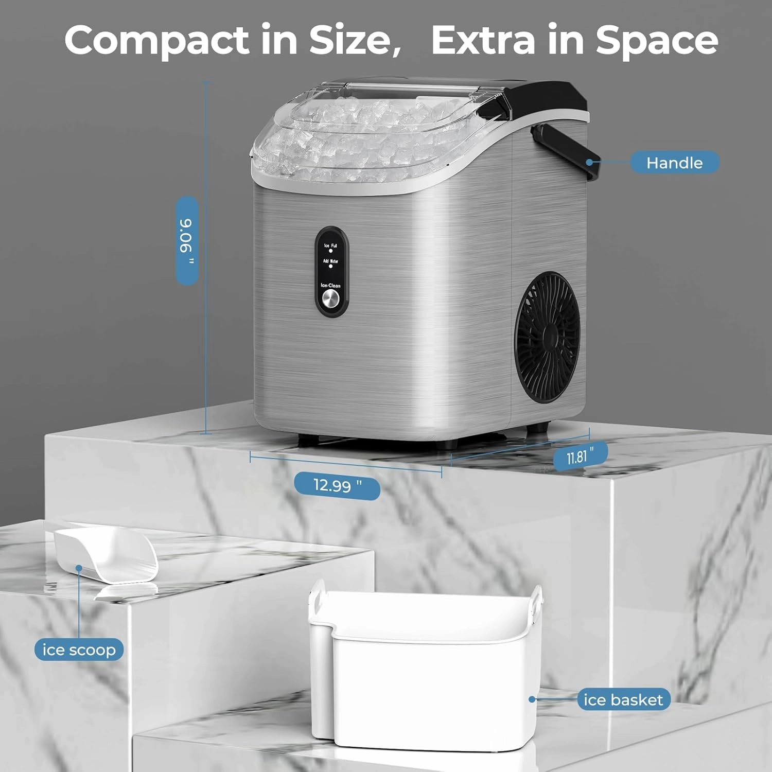 Nugget Ice Makers Countertop with Soft Chewable Pellet Ice, 7 Mins Ice Making, 35.5Lbs/24Hrs, Pebble Ice Maker Machine with Self-Cleaning/Ice Basket/Ice Scoop for Home/Office/Bar, Silver