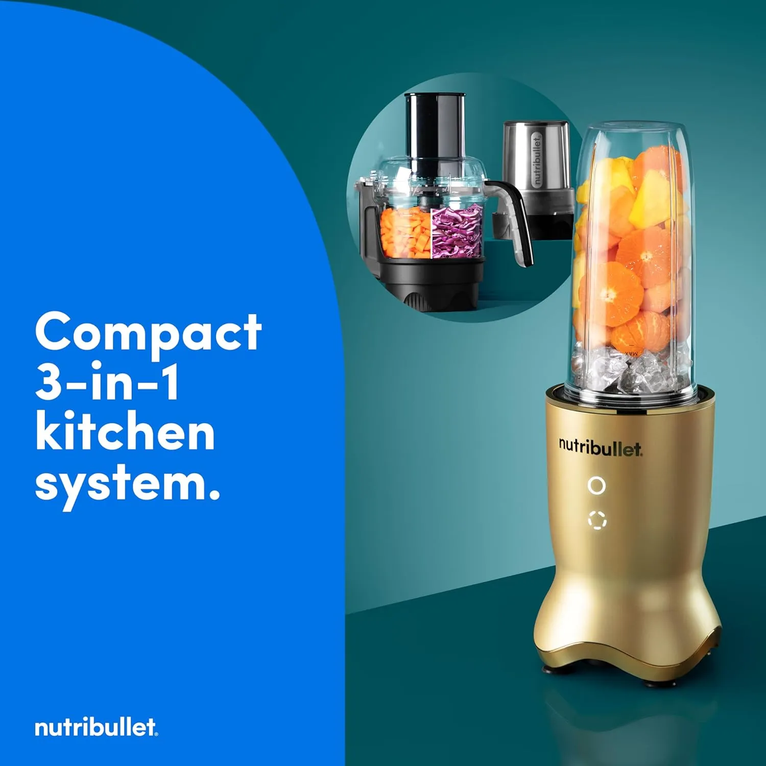 nutribullet® Ultra Plus  3-1 Compact Kitchen System, 1200W Kitchen System with Blender, Food Processor, and Coffee and Spice Grinder, 32oz and 24oz Blending Cups, 2-Cup Food Processor, Brass