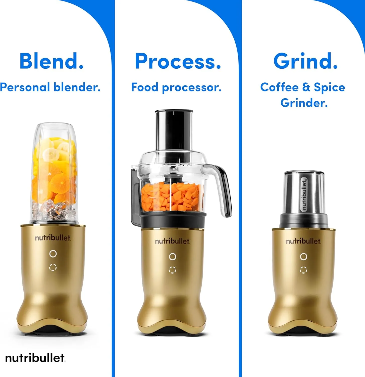 nutribullet® Ultra Plus  3-1 Compact Kitchen System, 1200W Kitchen System with Blender, Food Processor, and Coffee and Spice Grinder, 32oz and 24oz Blending Cups, 2-Cup Food Processor, Brass