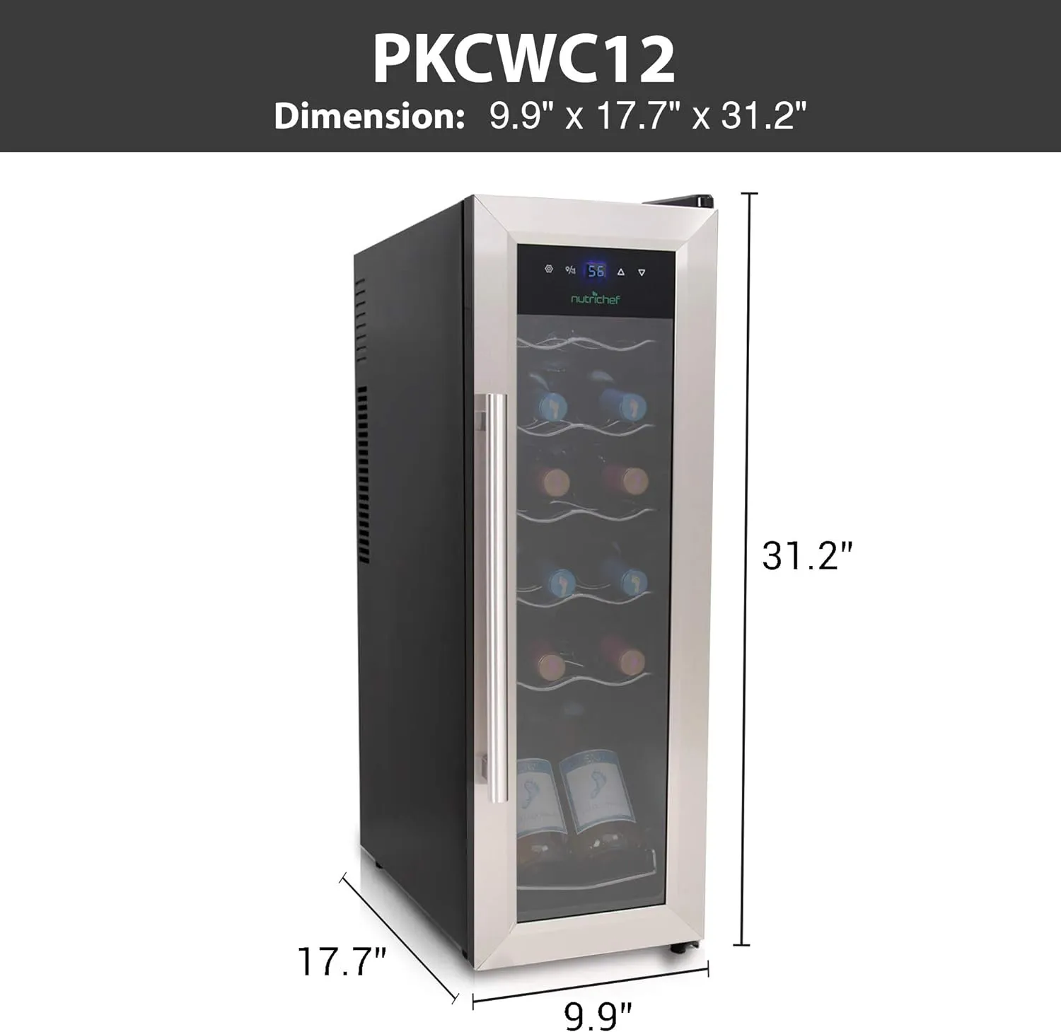 NutriChef PKCWC12 12 Bottle Cooler Refrigerator White and Red Countertop Chiller, Freestanding Compact Mini Wine Fridge with Digital Control, Stainless Steel