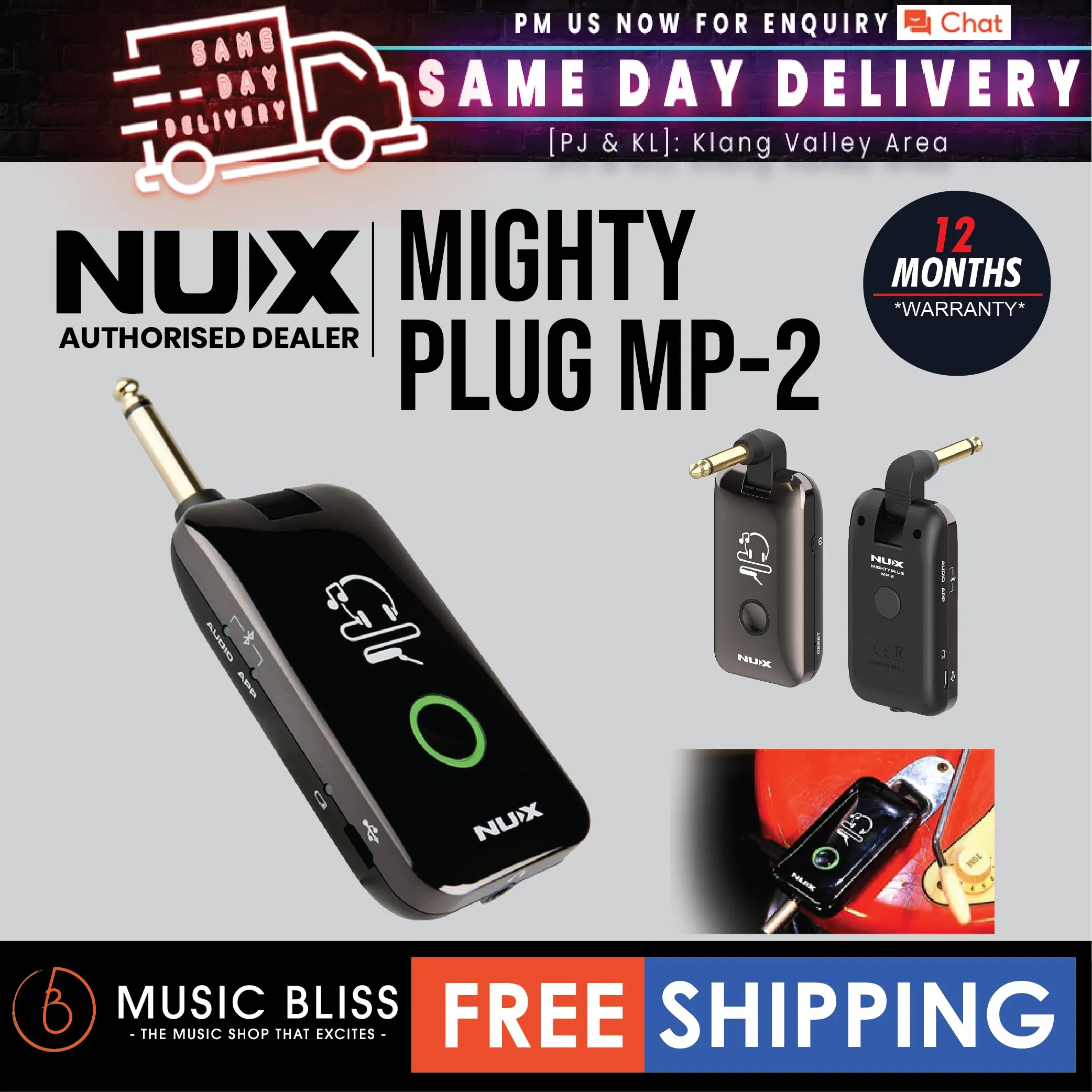 NUX Mighty Plug MP-2 Guitar and Bass Modeling Headphone Amplug with Bluetooth,13 Amplifier Models,20 IR,19 Variety of Effects