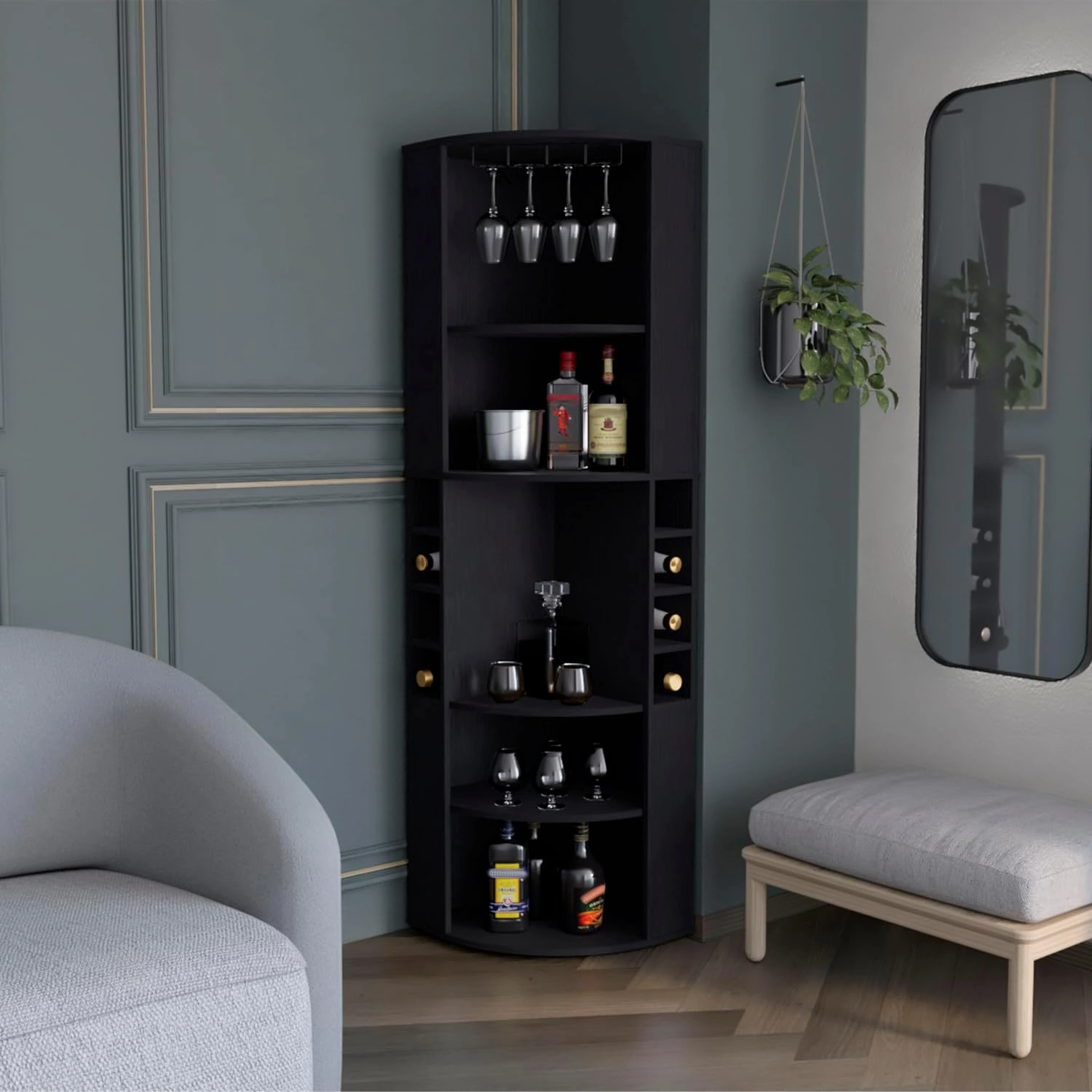Oban Corner Cabinet with Five Shelves, Eight Bottle Cubbies and Steamware - Black
