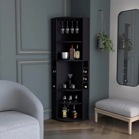 Oban Corner Cabinet with Five Shelves, Eight Bottle Cubbies and Steamware - Black