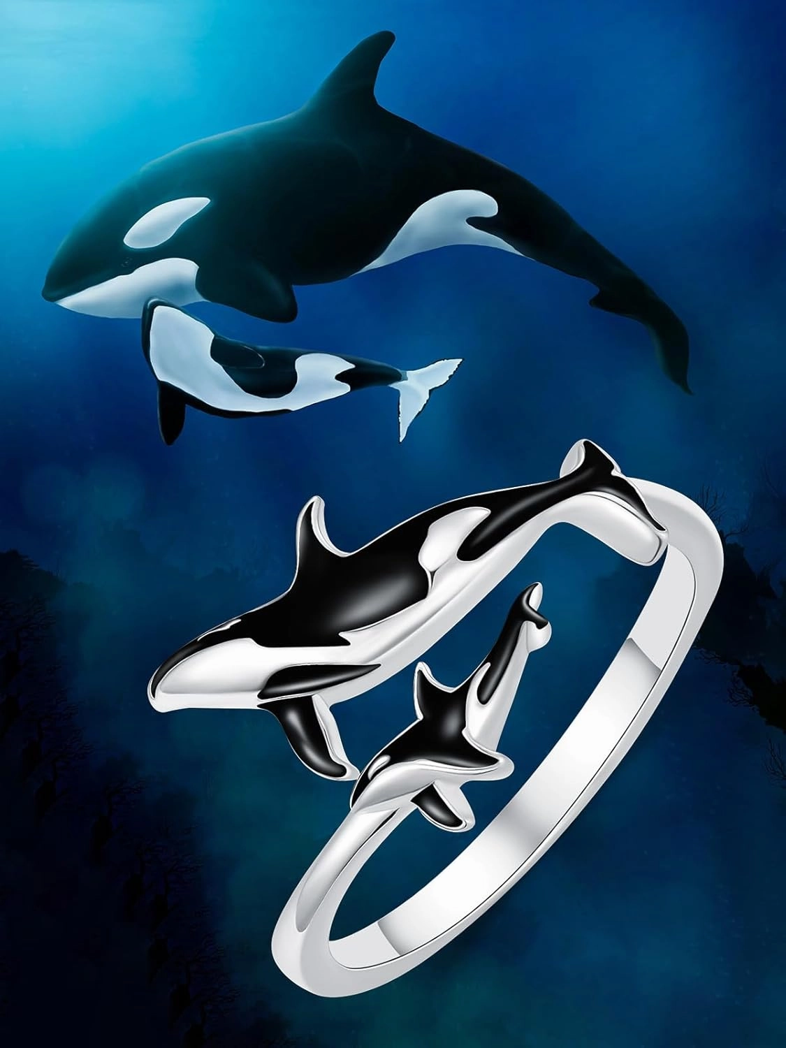 Ocean Open Ring 925 Sterling Silver Orca/Killer Whale/Shark/Manta Ray Adjustable Ring Animal Lovers Jewelry Ocean Gift for Friend/Daughter/Mother, Size 7