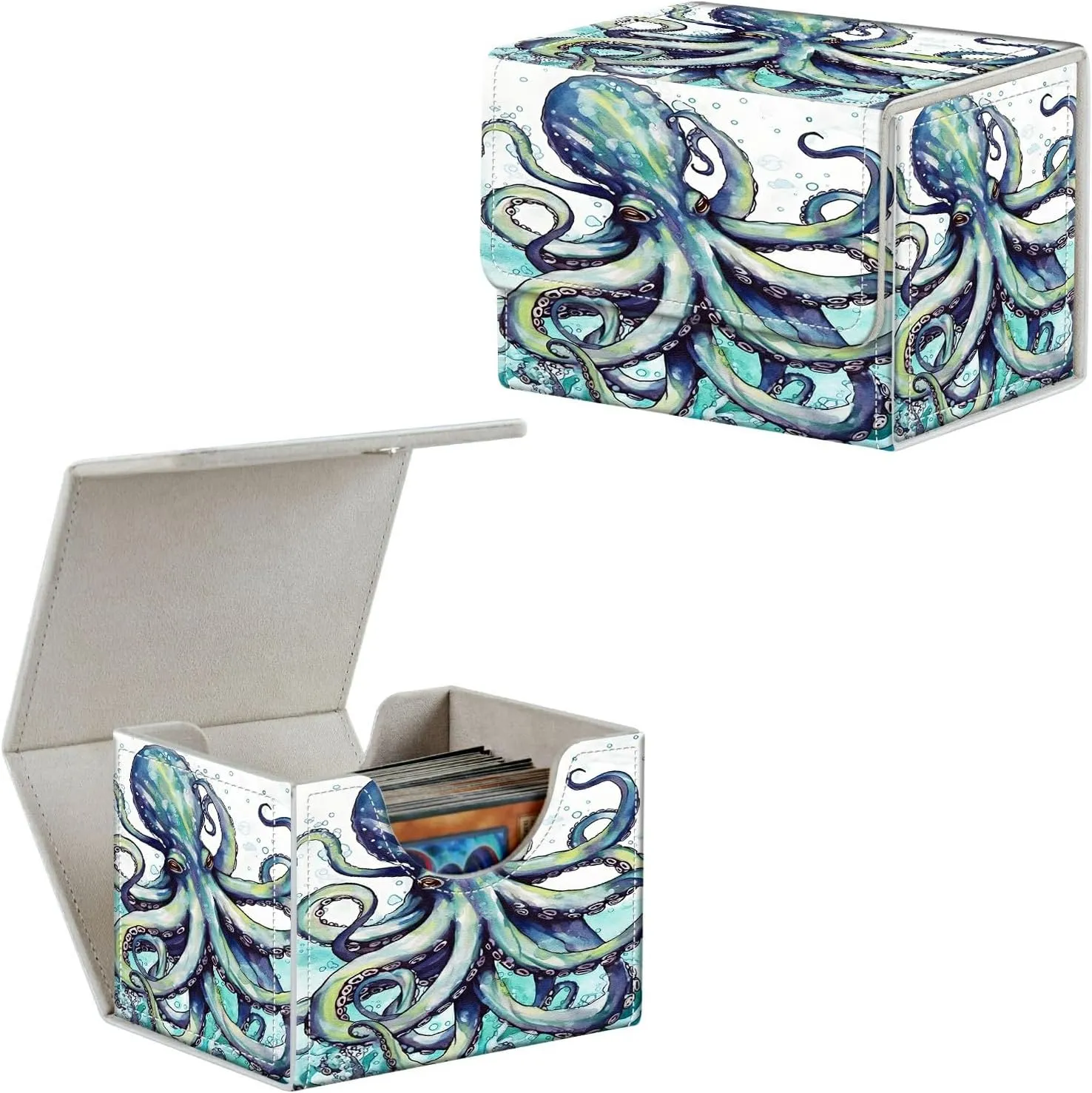 Octopus Card Deck Box Organizer, 100  Sleeved Cards Deck Case For Trading Cards, Leather Magnetic Closure Commander Deck Box Holds Magnetic Card Storage Box Fits for MTG TCG CCG