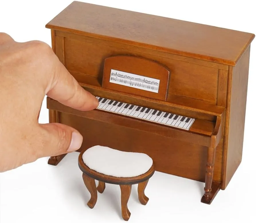 Odoria Dollhouse Upright Piano Miniature: 1/12 Scale Digital Piano with Bench for Figures Model - Mini Vintage Musical Instruments Wood Retro Antique Brown