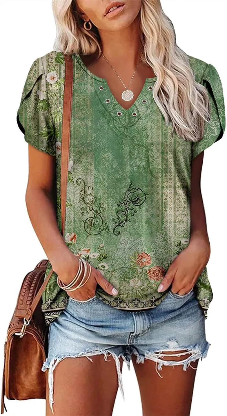 onlypuff Summer Top for Women V Neck Short Sleeve Shirts Flowy Tunic Tops