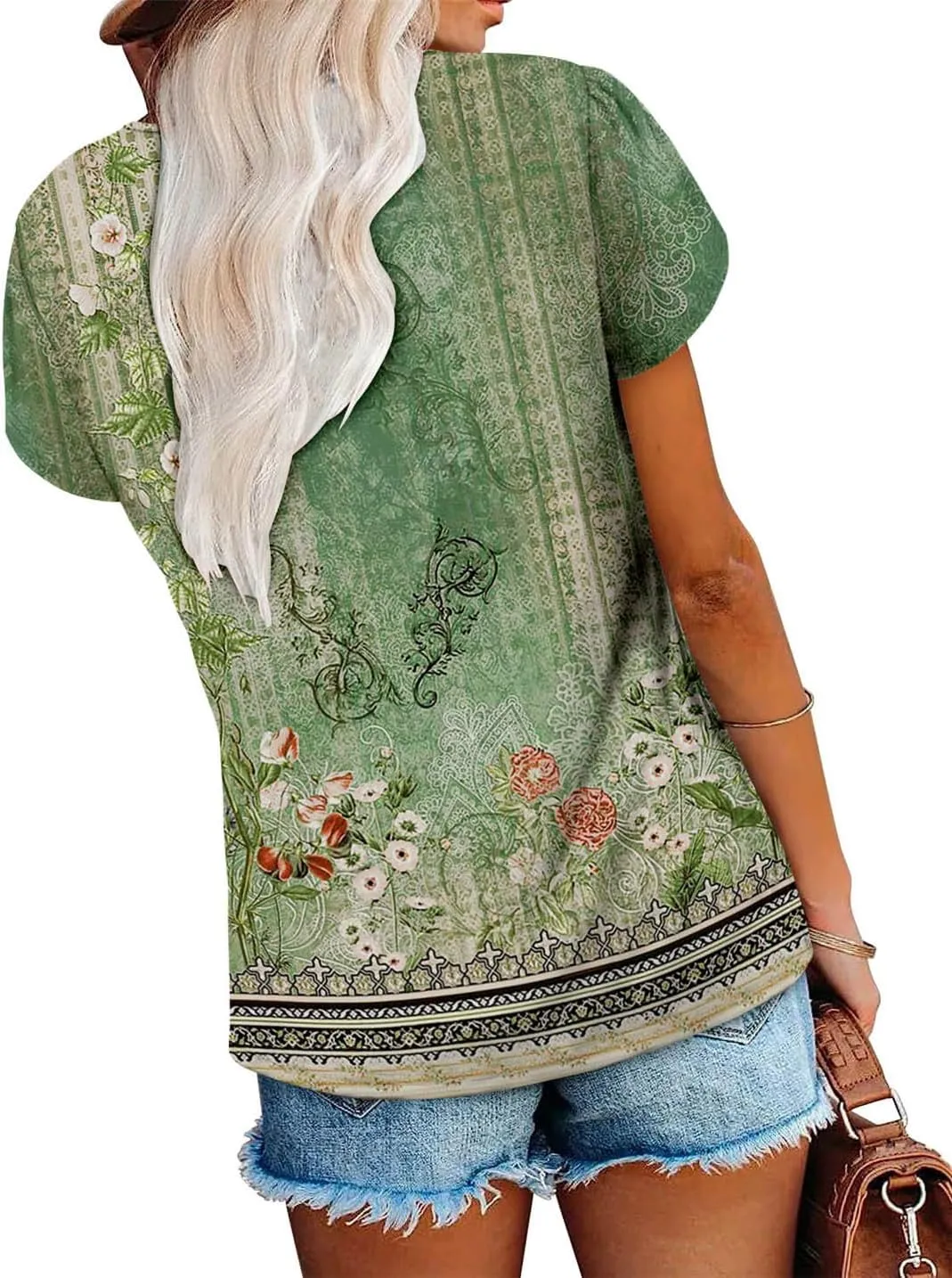 onlypuff Summer Top for Women V Neck Short Sleeve Shirts Flowy Tunic Tops