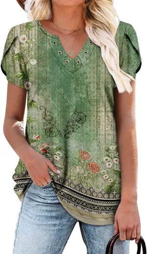 onlypuff Summer Top for Women V Neck Short Sleeve Shirts Flowy Tunic Tops