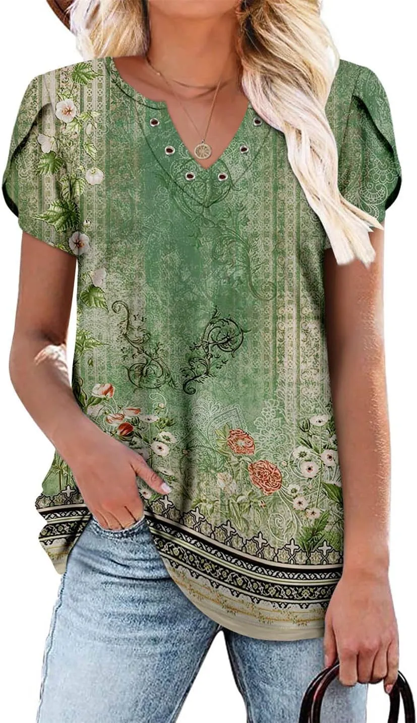 onlypuff Summer Top for Women V Neck Short Sleeve Shirts Flowy Tunic Tops