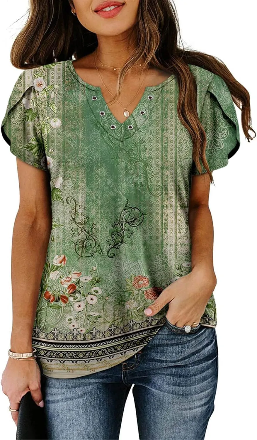 onlypuff Summer Top for Women V Neck Short Sleeve Shirts Flowy Tunic Tops