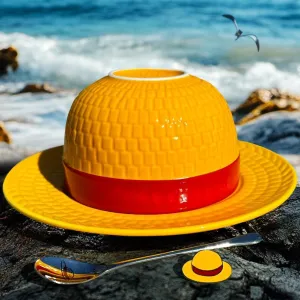 OP Anime-Style Straw Hat Ceramic Coffee Mug Set - 4 PCS Gift Set with 8.5oz Cup, 6.3" Saucer, Engraved Spoon & Enamel Pin, Collectible Tea/Coffee Accessories for Fans
