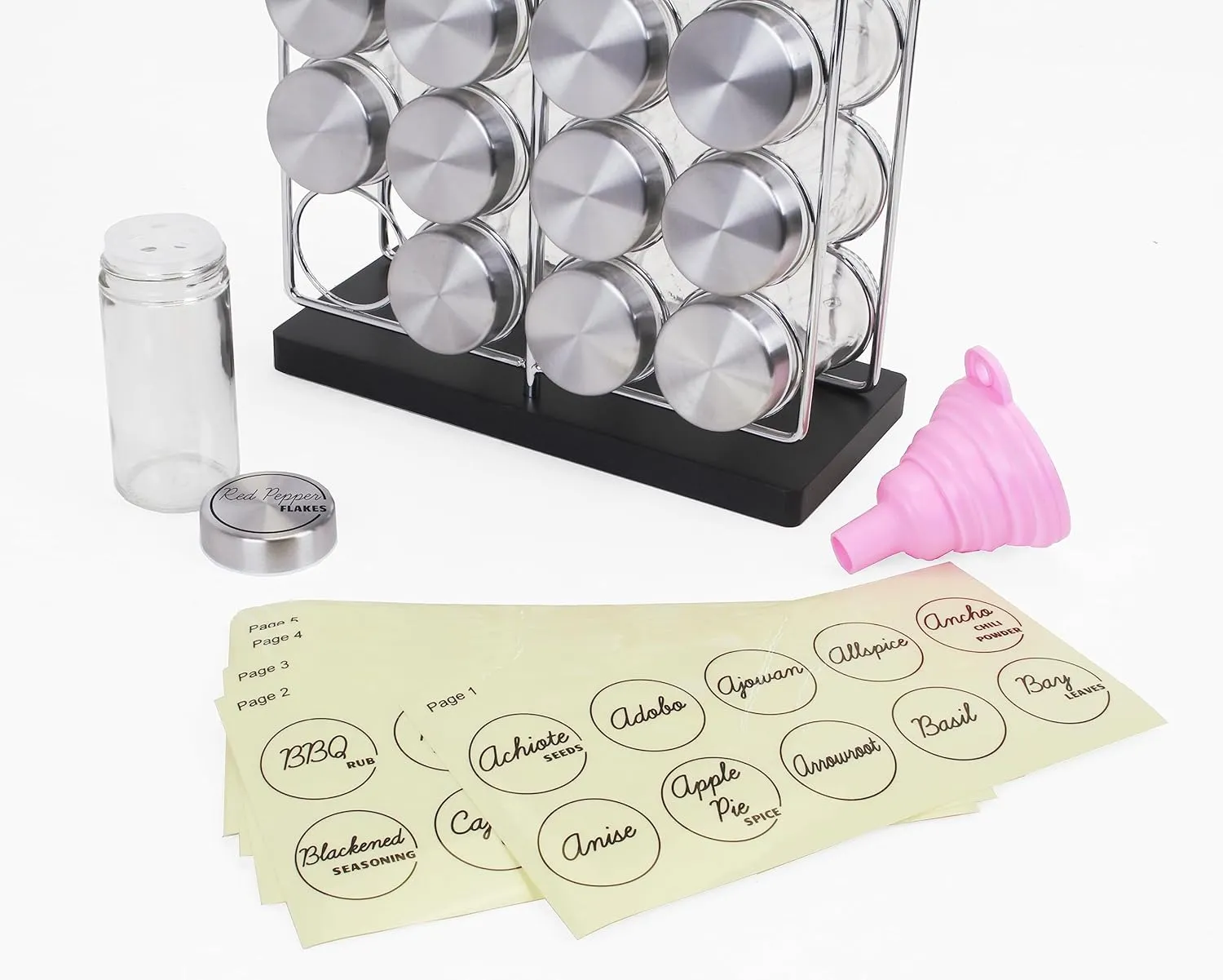 Orii 20 Jar Chrome Wire Spice Rack with Bamboo Base | Includes Silicone Funnel | 160 Preprinted   20 Blank Spice Labels Included | Compact and Minimalistic Kitchen Pantry Spice Organizer Rack