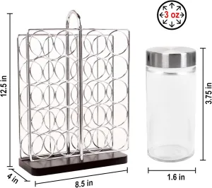 Orii 20 Jar Chrome Wire Spice Rack with Bamboo Base | Includes Silicone Funnel | 160 Preprinted   20 Blank Spice Labels Included | Compact and Minimalistic Kitchen Pantry Spice Organizer Rack