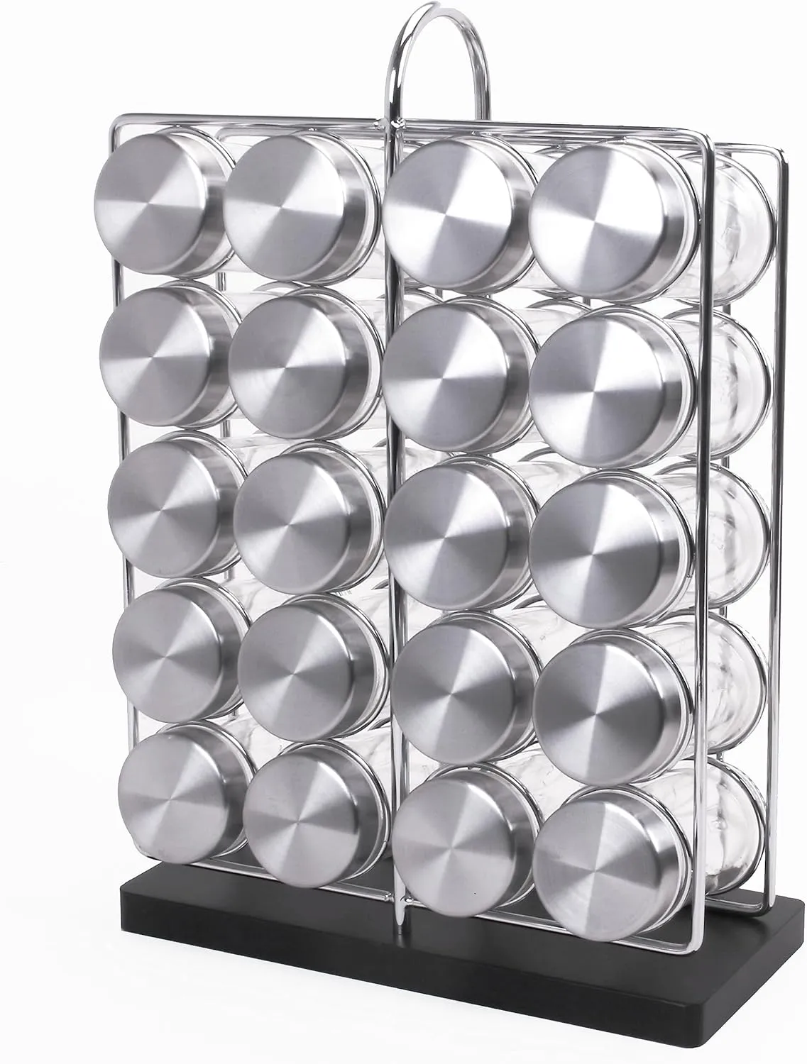 Orii 20 Jar Chrome Wire Spice Rack with Bamboo Base | Includes Silicone Funnel | 160 Preprinted   20 Blank Spice Labels Included | Compact and Minimalistic Kitchen Pantry Spice Organizer Rack