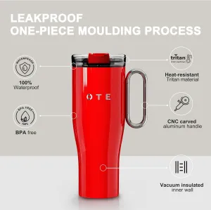 OTE 40 oz Tumbler with Handle and Straw Lid, Double Walled Vacuum Stainless Steel Insulated Travel Coffee Mug, BPA Free, Keeps Drinks Cold or Hot, Cupholder Friendly (Red)