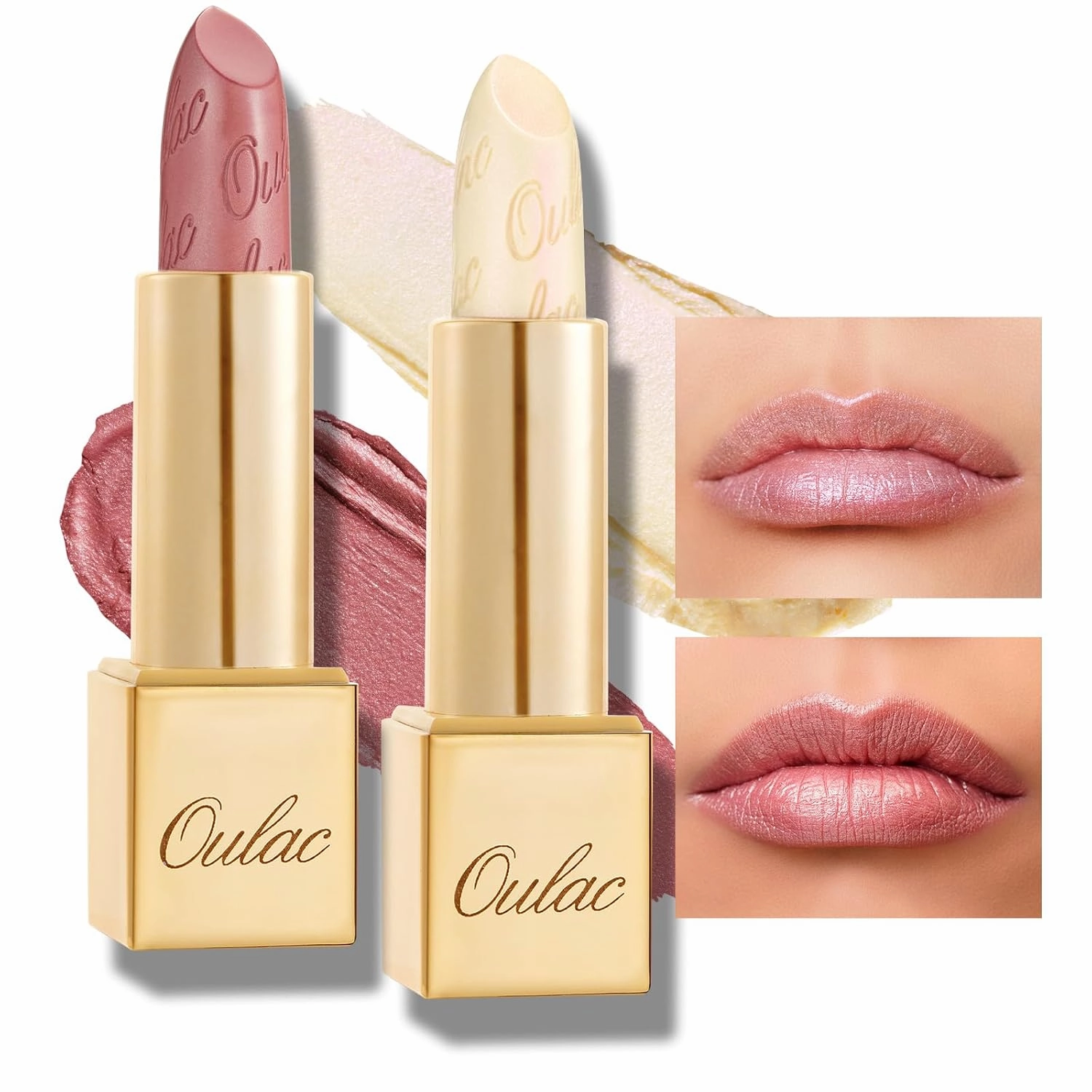 Oulac Metallic Light Pink & Sheer Lipstick Set - 2PCS Vegan Lightweight Hydrating Formula with High Impact Lip Color for Full Coverage Lip Makeup, Christmas Gifts for Women, 13 27