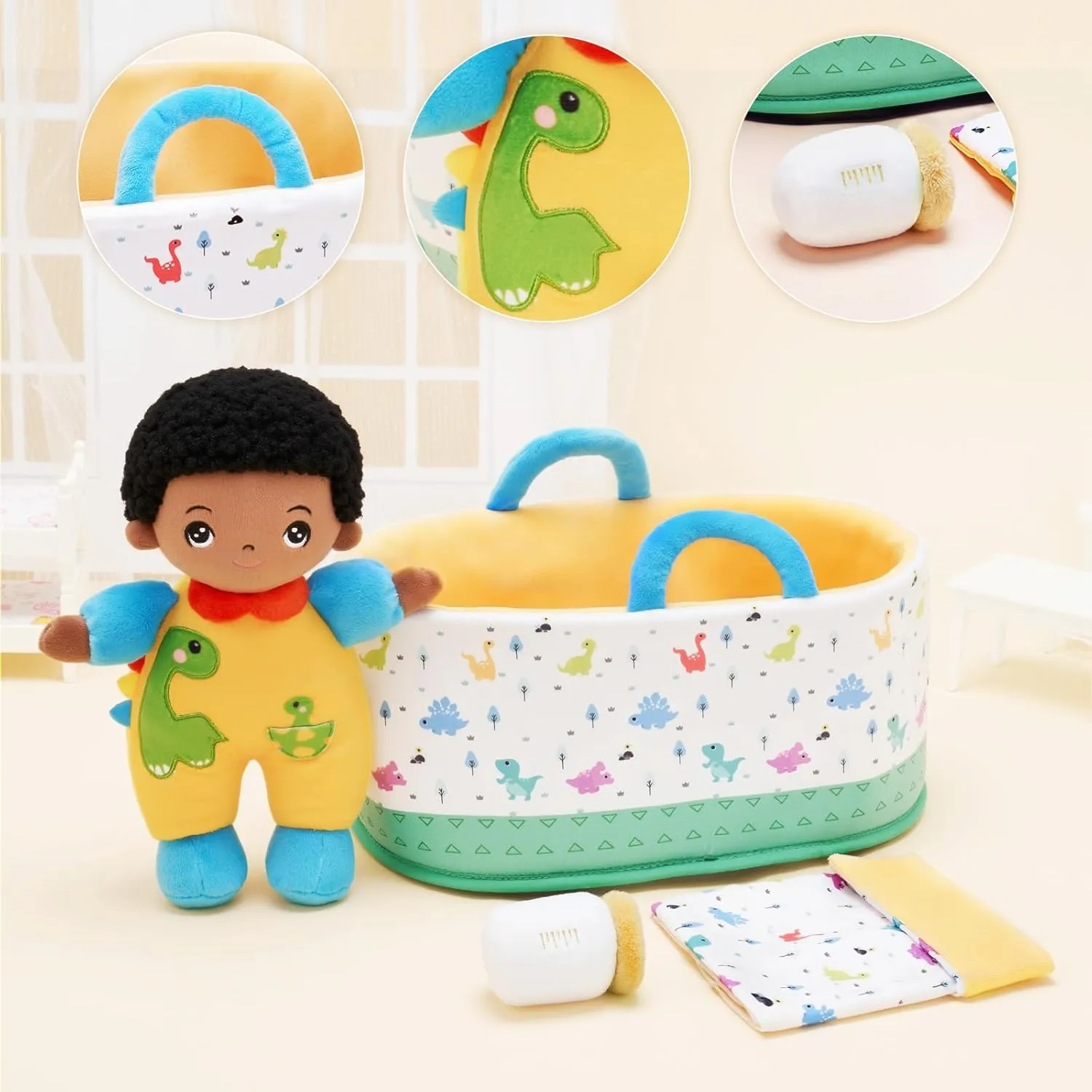 OUOZZZ Soft Black Baby Boy Doll- My Buddy Doll Birthday Gifts for Boys Plush Dinosaur Toy for Toddlers Little Kids Infants Big Brother