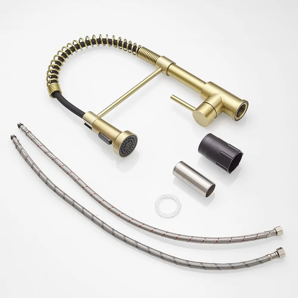 OWOFAN Kitchen Faucets with Pull Down Sprayer 304 Stainless Steel Industrial Single Handle One Hole Faucet for Farmhouse Camper Laundry Utility Rv Wet Bar Sinks Gold 9009K