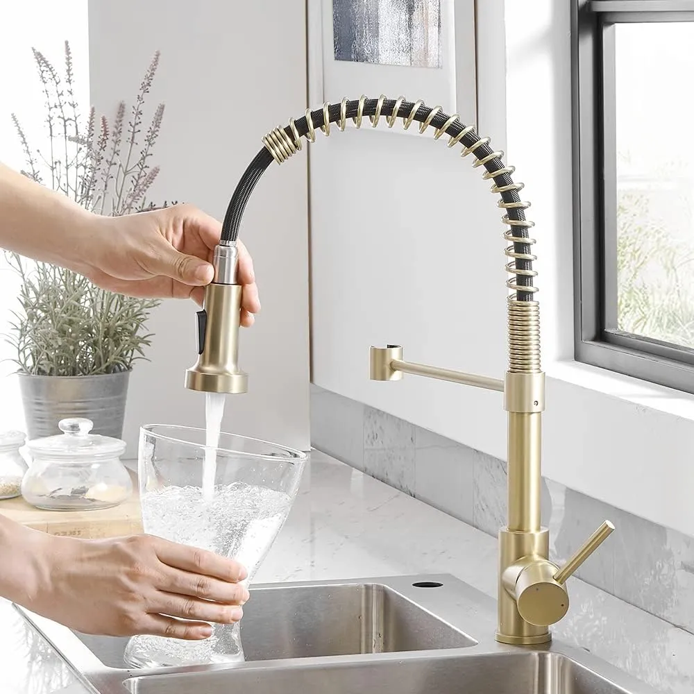 OWOFAN Kitchen Faucets with Pull Down Sprayer 304 Stainless Steel Industrial Single Handle One Hole Faucet for Farmhouse Camper Laundry Utility Rv Wet Bar Sinks Gold 9009K